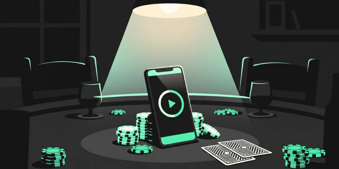 Celular apoiado na mesa de poker mostrando o relógio dos blinds, ao lado de pilhas de fichas e duas cartas
