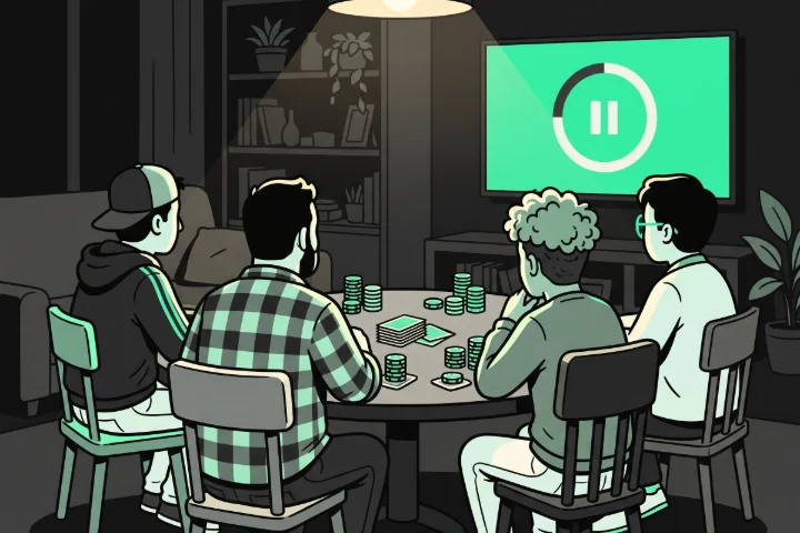 Amigos em volta da mesa de poker e uma televisão na parede mostrando o relógio dos blinds