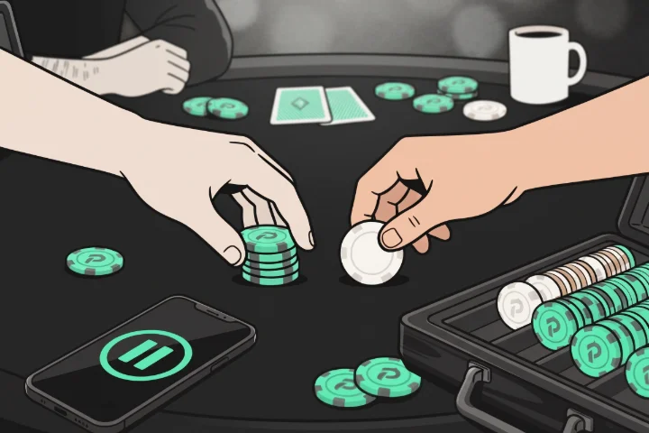 Mão trocando uma pilha de fichas pequenas por uma ficha maior, no intervalo do torneio